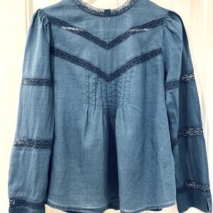 J. Crew Chambray Pleated and Lace Lightweight Blouse
